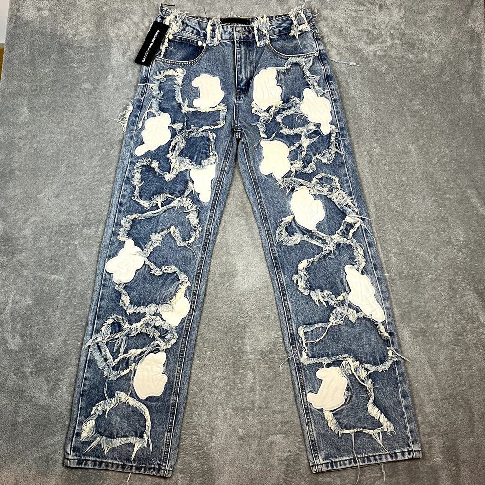 Racer Worldwide Definitive Patch Jeans Blue Womens 30 Baggy Wide Leg NWT